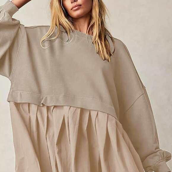 Dokuritu Women's Khaki Patchwork Crew Neck Long Sleeve Sweatshirt Mini Dress XS - Picture 2 of 11